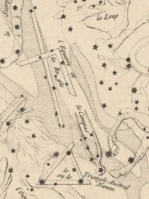 Gravure de Lacaille (1756) représentant les constellations Norma, Circinus et Triangulum Australe — l'équerre, le compas, le niveau : les trois instruments du charpentier inscrits dans le ciel austral